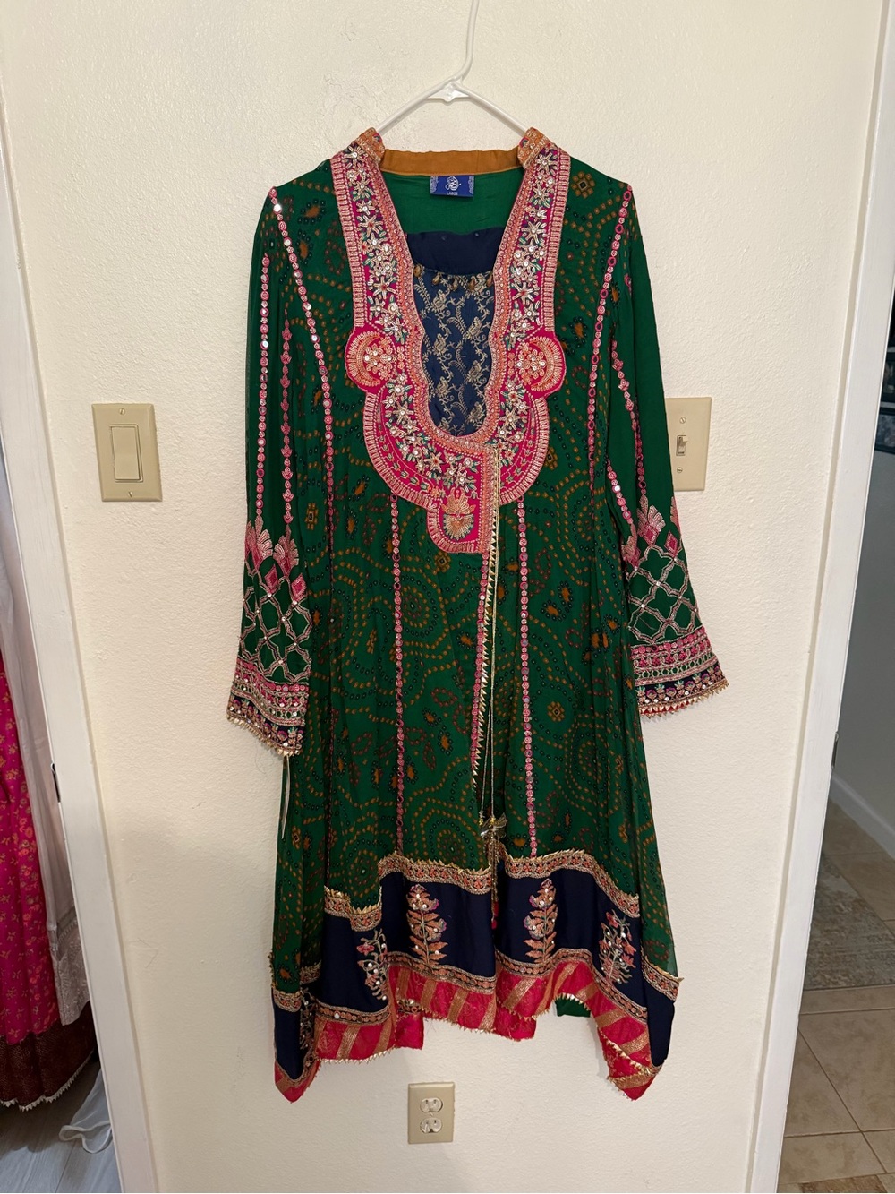 3 Pieces: Pakistani Embroidered Green & Navy Women's Dress with Pink Accents
